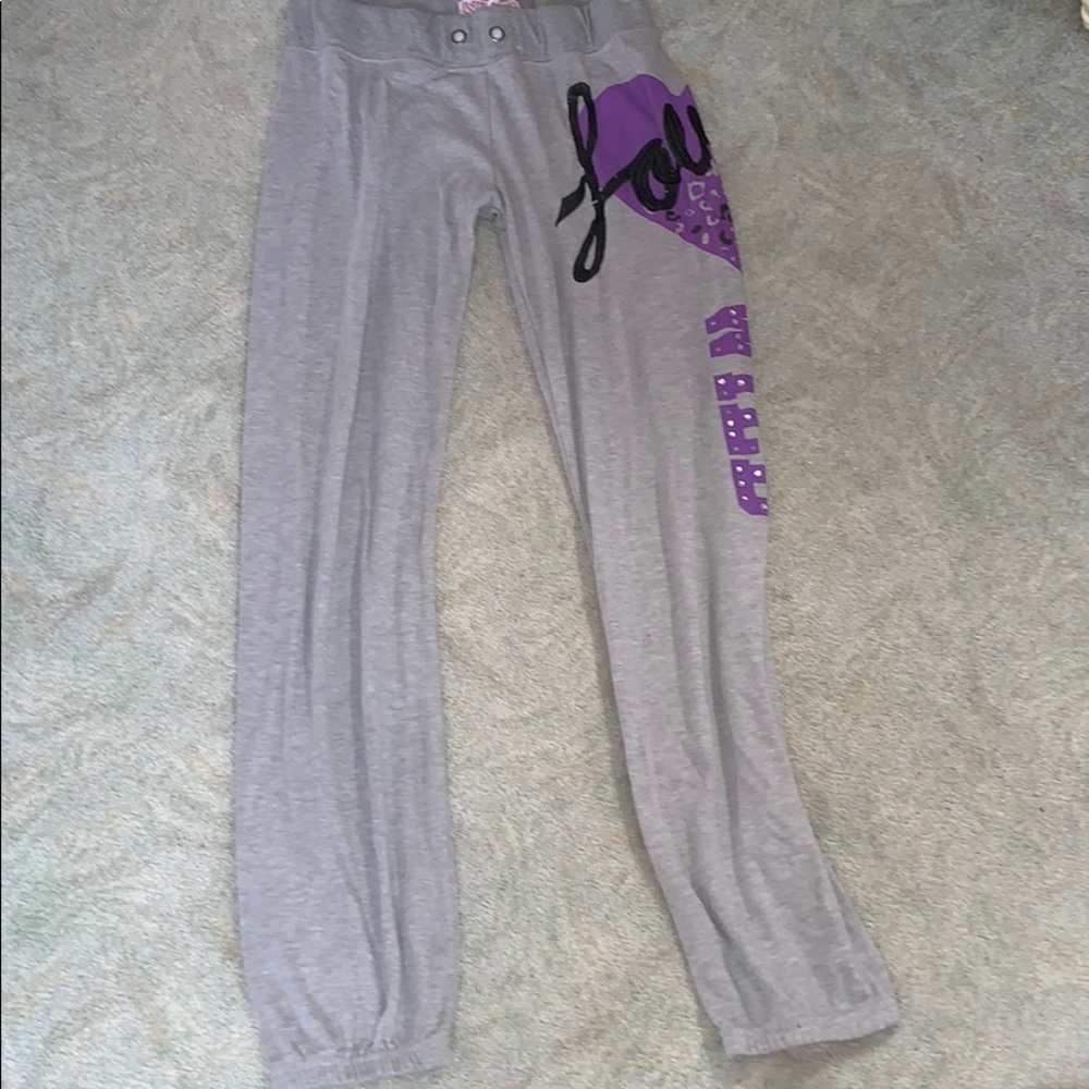“love” “wild” grey and purple sweatpants